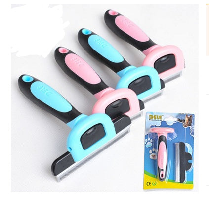 Professional pet deshedding tool comb for long haired dogs and cats in pink and blue colors
