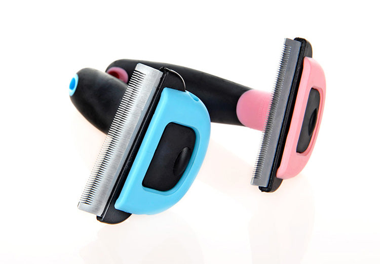 Professional pet deshedding tool comb for long haired dogs and cats in pink and blue colors