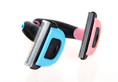 Professional pet deshedding tool comb for long haired dogs and cats in pink and blue colors