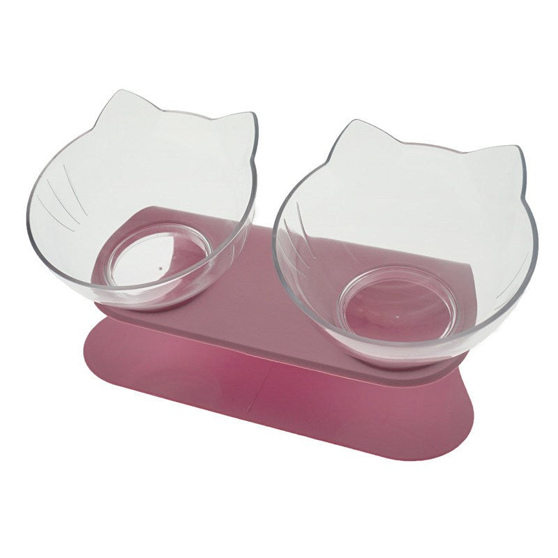 Cat-shaped double bowl feeder with pink base on a white background