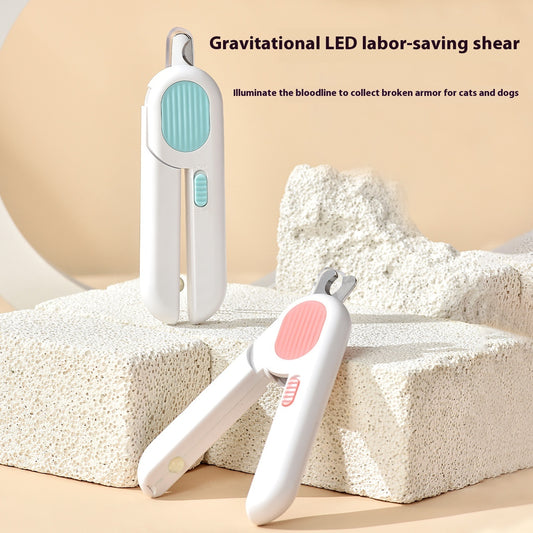 PawTrendz SafeCut LED pet nail clipper showing how the ultra bright built-in LED light illuminates a dog and cat's nail bloodline for safe trimming.