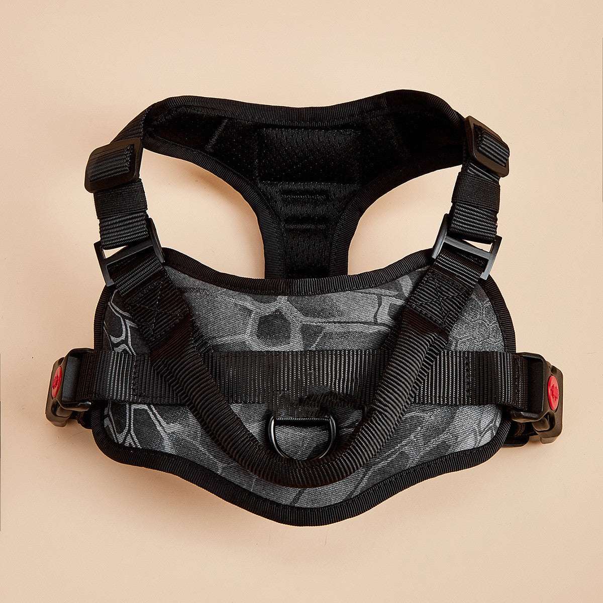 PawTrendz padded dog harness reflective strips shown on dog side view adjustable straps