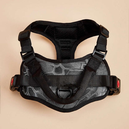 PawTrendz padded dog harness reflective strips shown on dog side view adjustable straps