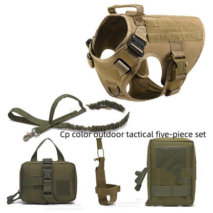 Tactical dog harness and accessories on a white background