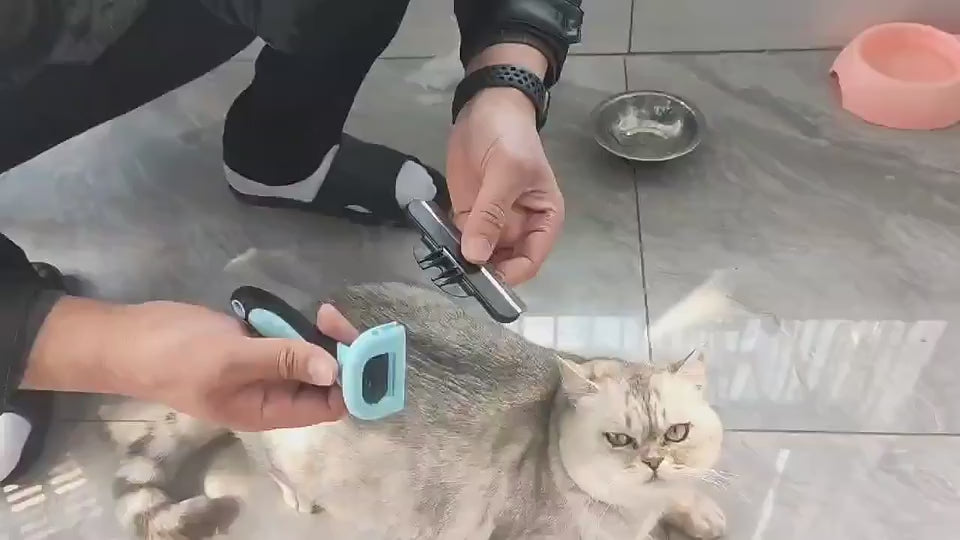 Video demonstrating how to use the pet deshedding comb on long haired dog fur to remove loose undercoat